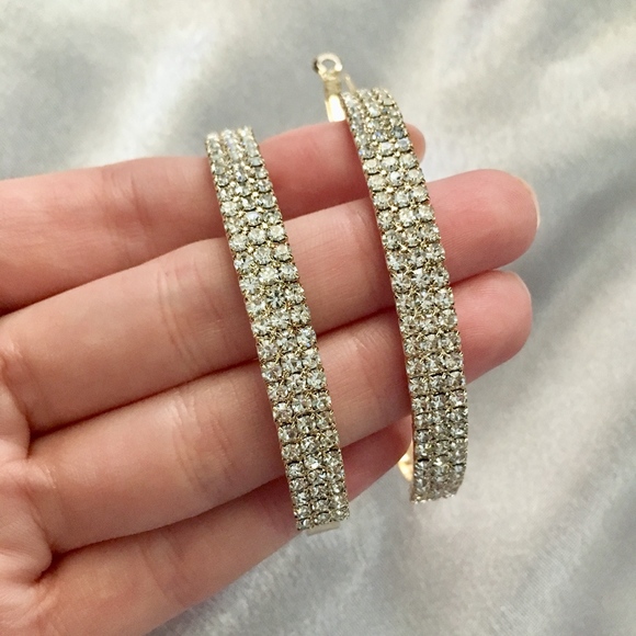 Rhinestones Triple Layer Large Gold Hoop Earrings - Picture 3 of 7